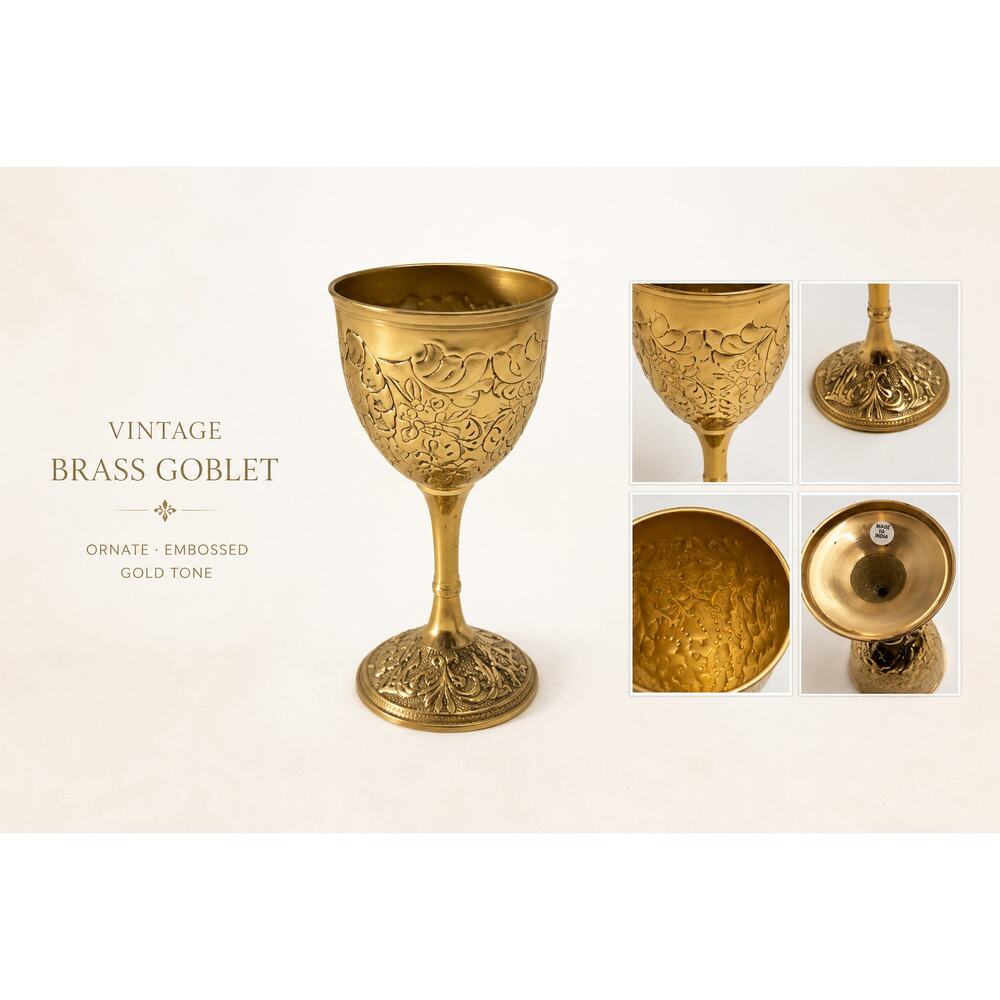 Vintage Brass Goblet Made in India Embossed Floral Chalice Decor